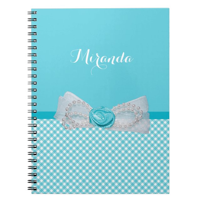 Cuaderno Girly Aqua Gingham Cute Pearls Rosa se inclina con (Frente)
