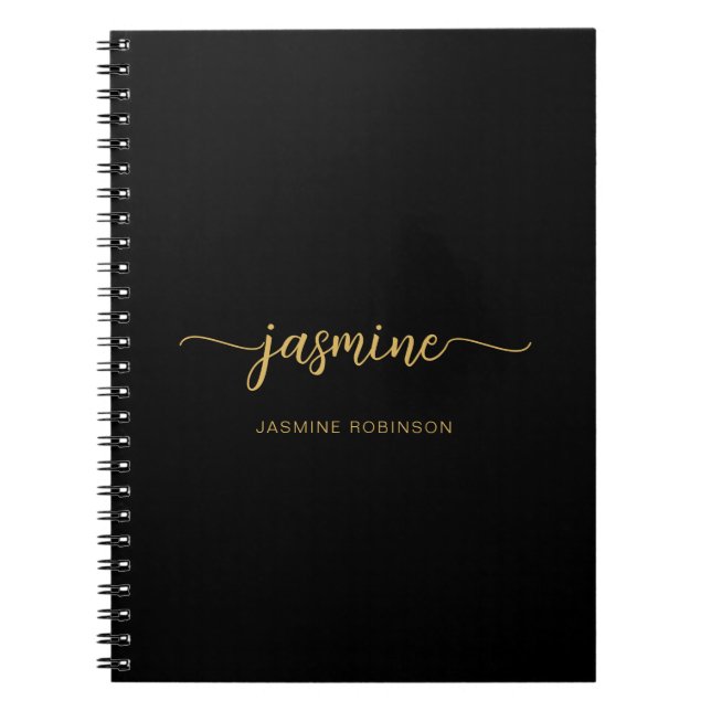 Cuaderno Girly Black Gold Modern Script Monograma Nombre (Frente)
