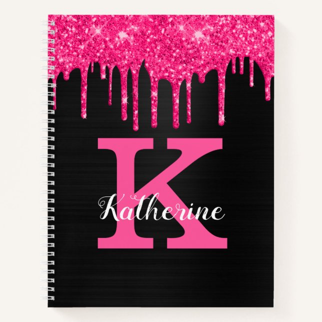 Cuaderno Girly Black Hot Pink Purpurinas Dris Monograma Nom (Anverso)