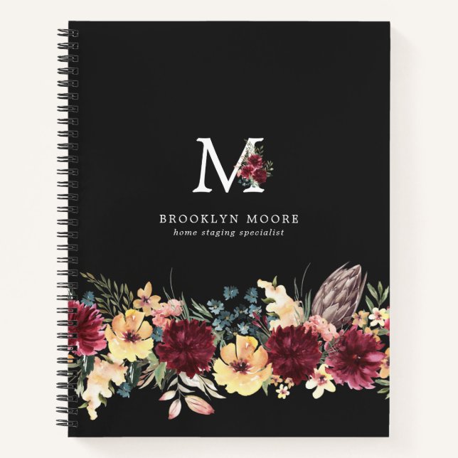 Cuaderno Girly Burgundy Floral Watercolor Boho Monograma (Anverso)