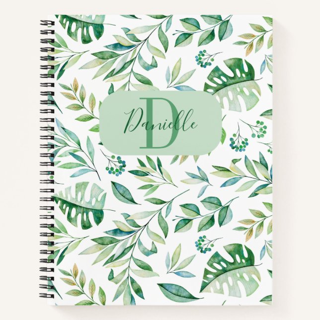 Cuaderno Girly deja patrón verde nombre de monograma (Anverso)