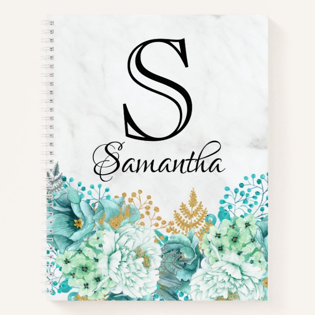 Cuaderno Girly Floral Bouquet Mint Marble Monograma Inicial (Anverso)