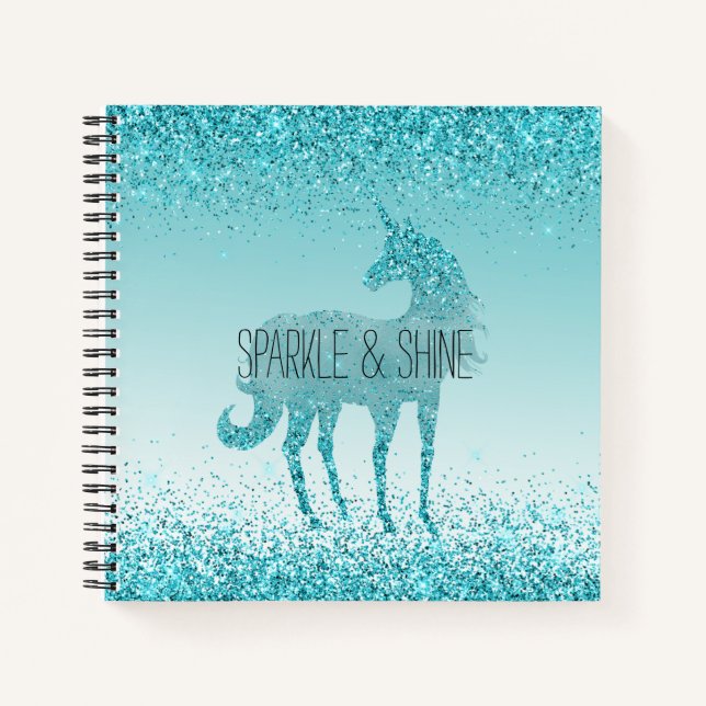 Cuaderno Girly Glitz Aqua Turquoise Purpurina Unicorn (Anverso)