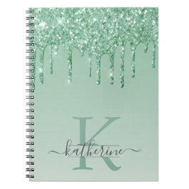 Cuaderno Girly Mint Green Purpurina Drips Monogramado