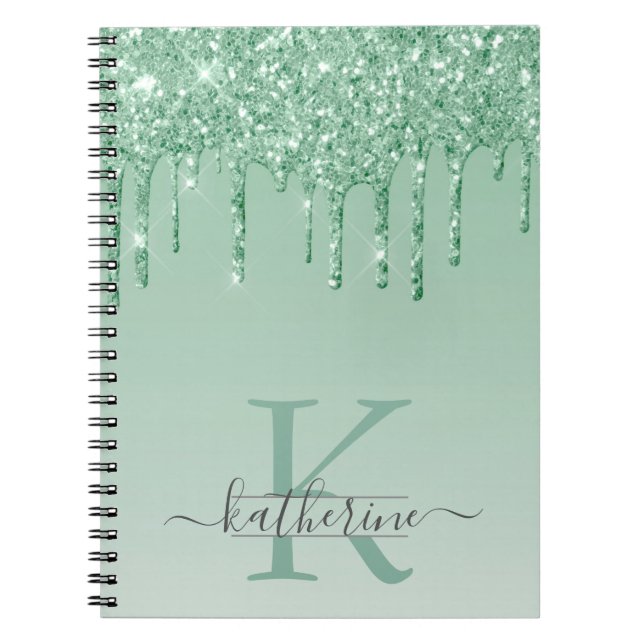 Cuaderno Girly Mint Green Purpurina Drips Monogramado (Frente)