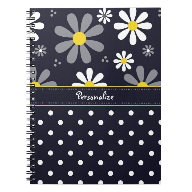 Cuaderno Girly Mod Daisies y puntos de Polka con nombre (Frente)