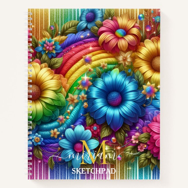 Cuaderno Girly Rainbow Floral Flower Monogram (Anverso)