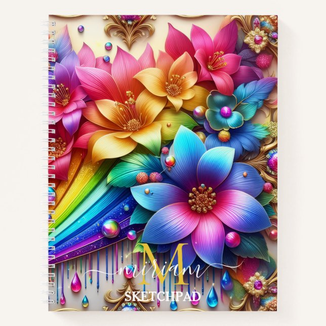Cuaderno Girly Rainbow Floral Flower Monogram (Anverso)