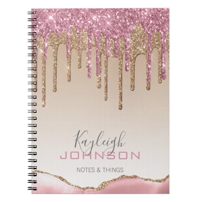 Cuaderno Girly Rosa Oro Purpurina Dris Ombre Monograma (Frente)