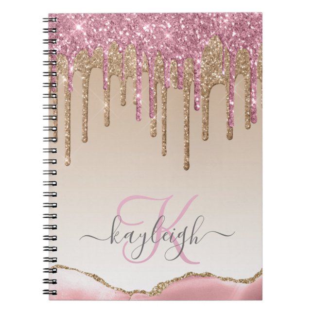 Cuaderno Girly Rosa Oro Purpurina Dris Ombre Monograma (Frente)