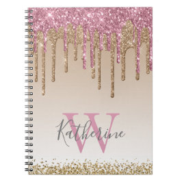 Cuaderno Girly Rosa Oro Purpurina Dris Ombre Monograma