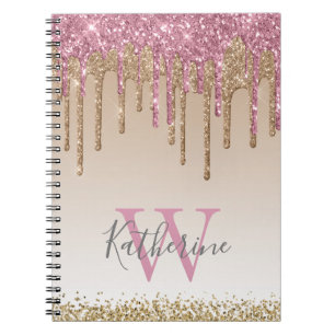 Cuaderno Girly Rosa Oro Purpurina Dris Ombre Monograma