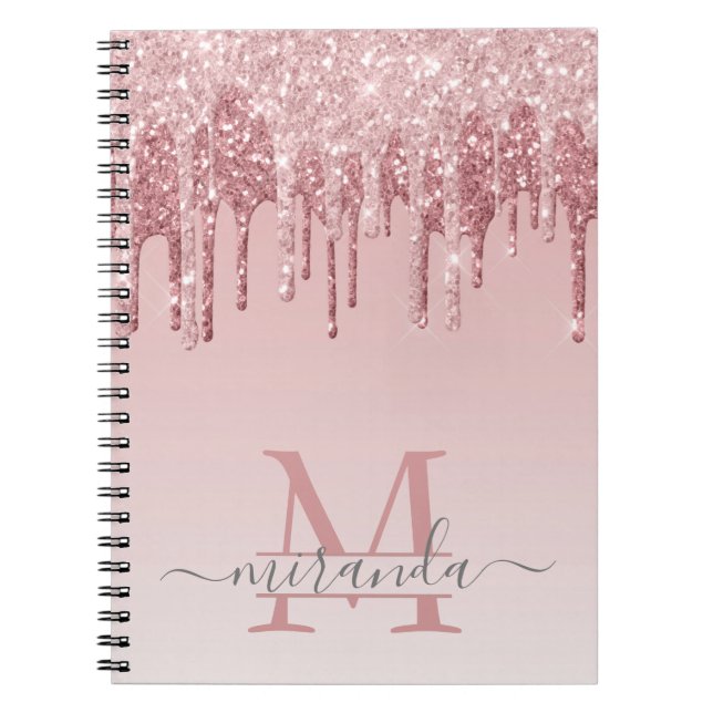 Cuaderno Girly Rosa Oro Purpurina Dris Ombre Monograma (Frente)