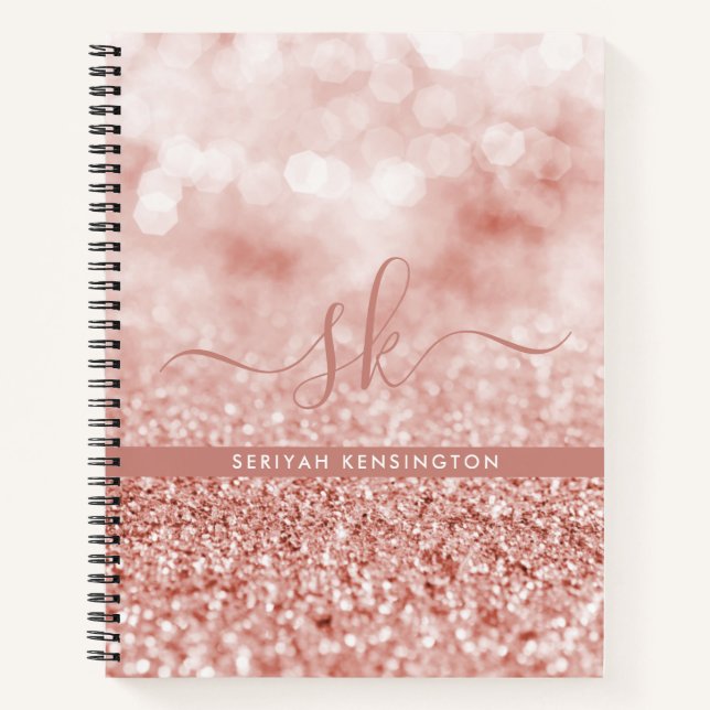 Cuaderno Girly Rosa Purpurina de oro Bokeh Luxe Monograma (Anverso)