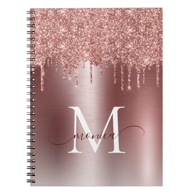 Cuaderno Girly Rosa Purpurina de oro Rubor Ombre Monograma  (Frente)