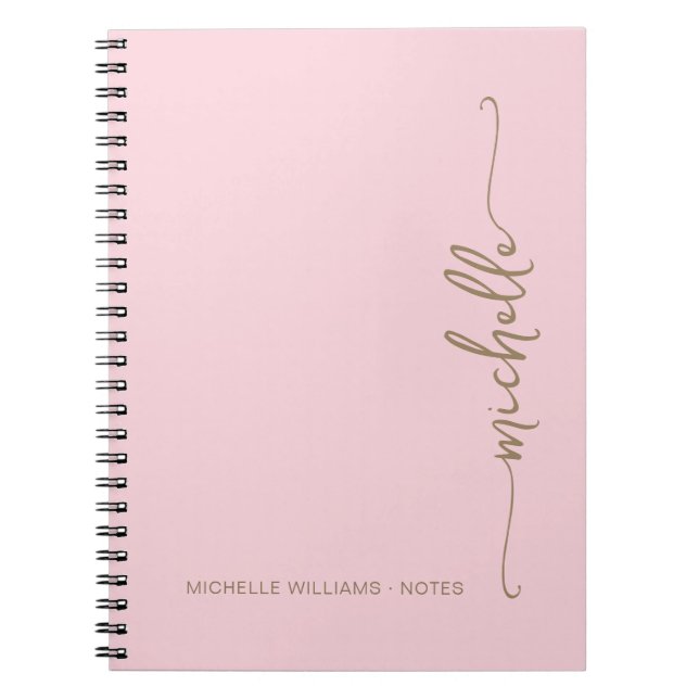 Cuaderno Girly Rubor Rosa Modern Gold Script Monograma Nomb (Frente)