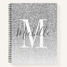 Cuaderno Girly Script Silver Purpurina Monograma Nombre