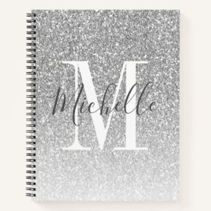 Cuaderno Girly Script Silver Purpurina Monograma Nombre