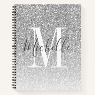 Cuaderno Girly Script Silver Purpurina Monograma Nombre