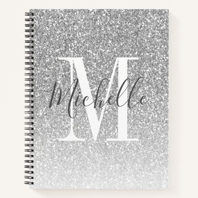 Cuaderno Girly Script Silver Purpurina Monograma Nombre (Anverso)
