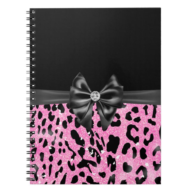 Cuaderno Glam Black Bow Diamond Purpurina Rosado Leopardo (Frente)