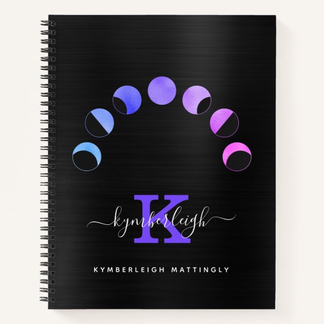 Cuaderno Glam Black Moon Phases Pastel Morado Monograma Nom (Anverso)