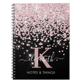 Cuaderno Glam Black Rosa Gold Purpurina Diamond Monogramado