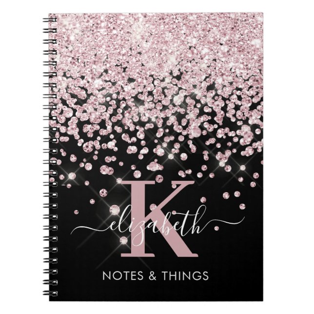 Cuaderno Glam Black Rosa Gold Purpurina Diamond Monogramado (Frente)