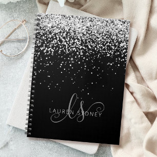 Cuaderno Glam Black Silver Purpurina Monograma Nombre