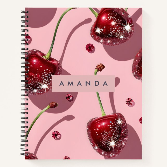 Cuaderno Glam de Cereza Roja con Brillo Personalizado (Anverso)