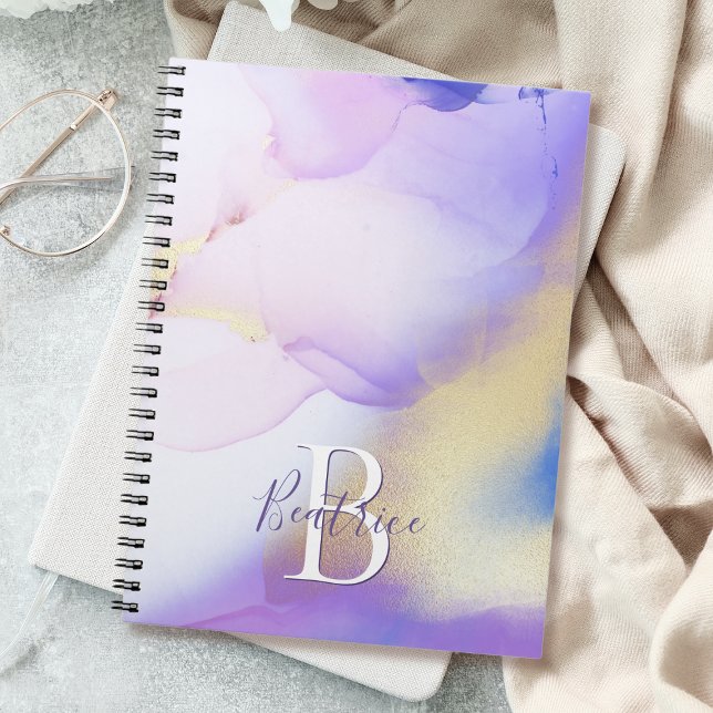 Cuaderno Glam Lilac Gold Resumen Paint Elegante Monograma (Subido por el creador)