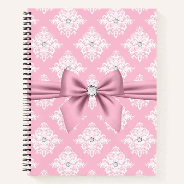 Cuaderno Glam Mauve Pink Bow Diamontes White Damask (Anverso)