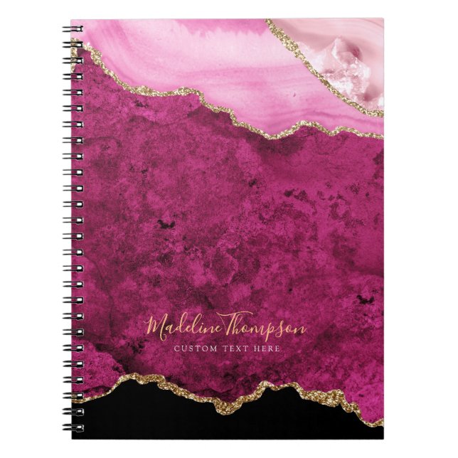 Cuaderno Glam Pink Magenta Velvet Agate Geode Gold Script (Frente)