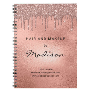 Cuaderno Glam Rosa Dorado Metal Brillo Goteo Cabello Y Maqu