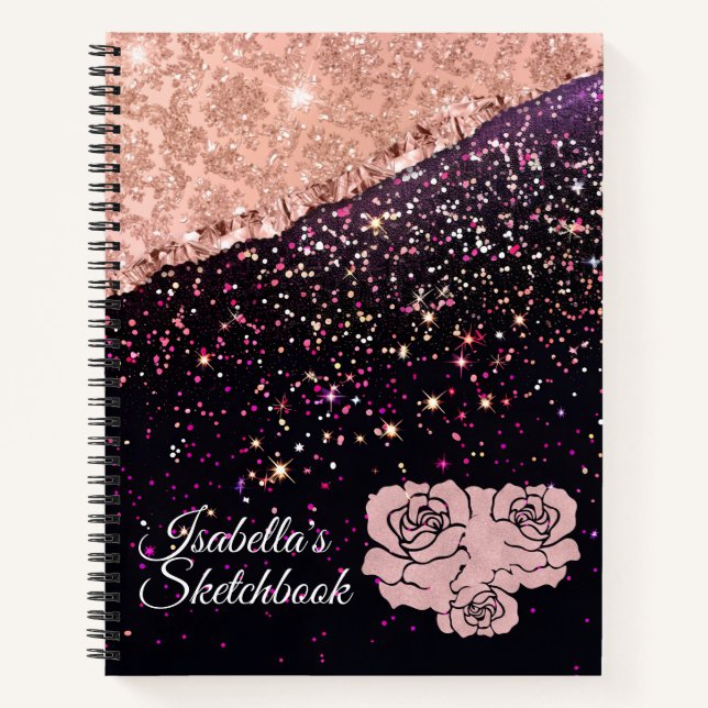 Cuaderno Glam Rosa Purpurina negro Rosas de Rubor (Anverso)