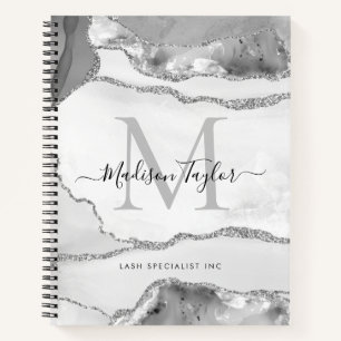 Cuaderno Glam Silver Gray Agray Geode Monograma Script Nomb