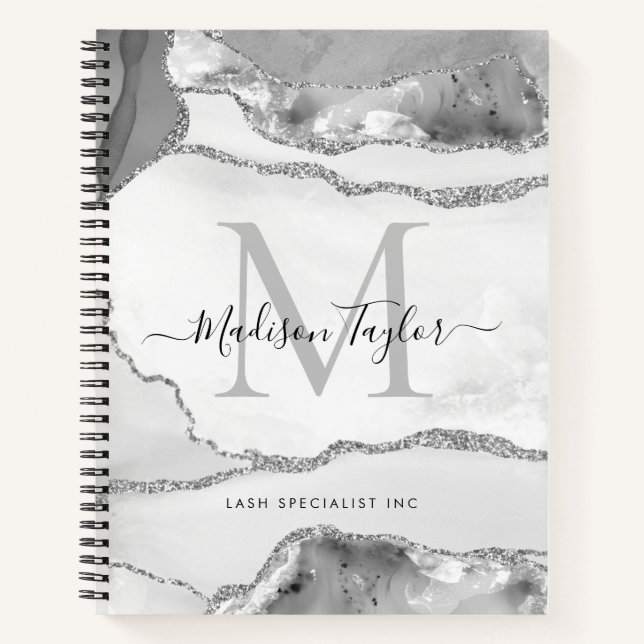 Cuaderno Glam Silver Gray Agray Geode Monograma Script Nomb (Anverso)