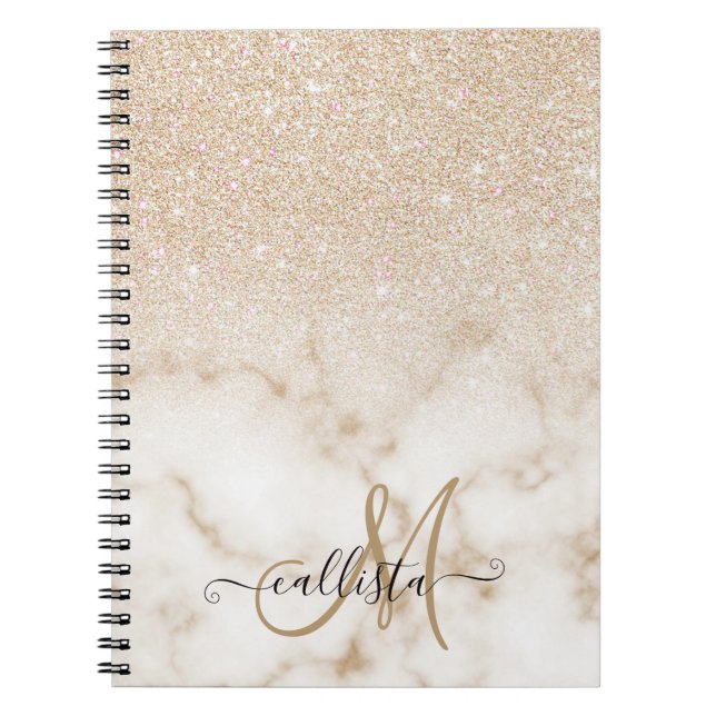 Cuaderno Glamoroso Oro Purpurina Blanco Marble Gradiente Om (Frente)