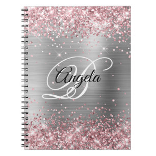 Cuaderno Glitter Rosa Claro Monograma Metálico Plateado Ele