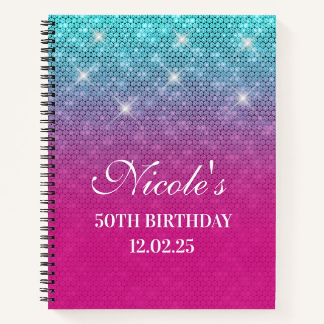 Cuaderno Glitter Turquesa Ombre Rosa Caliente 50 Cumpleaños (Anverso)