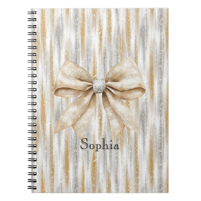 Cuaderno Glitzy Silver Gold Stripes Cream Bow (Frente)