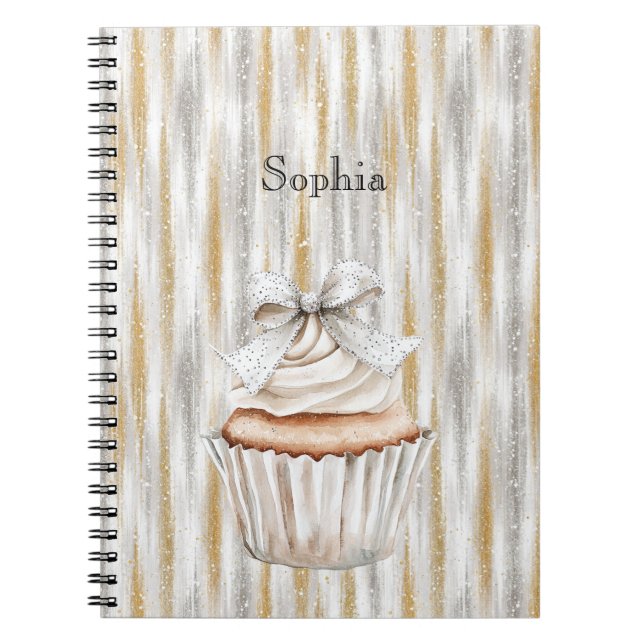 Cuaderno Glitzy Silver Gold Stripes White Cupcake Bow   (Frente)