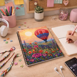 Cuaderno Globo aerostático colorido puesta de sol de flores