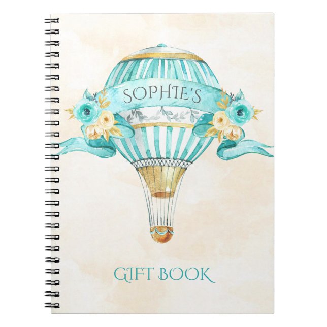 Cuaderno Globo aerostático regalo de rosas turquesa oro ama (Frente)