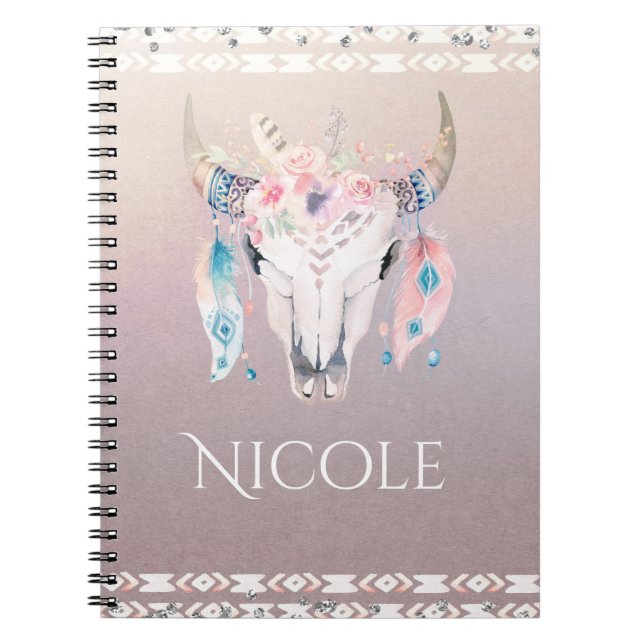 Cuaderno Globo Bohemio Glam Rústico Floral Cráneo de Vaca I (Frente)