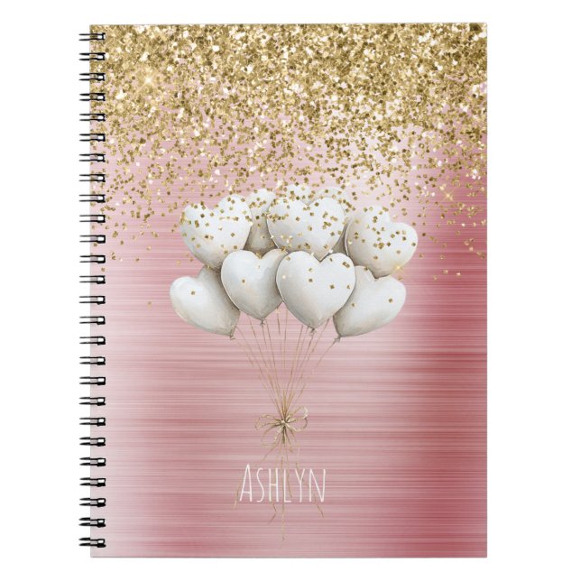 Cuaderno Globos de Corazones Blancos con Purpurina Dorada (Frente)