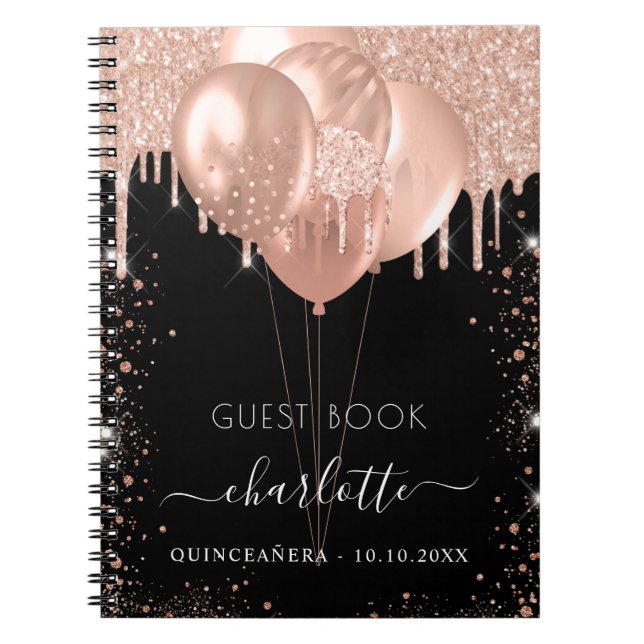 Cuaderno Globos de oro de rosa negro de Quinceanera (Frente)