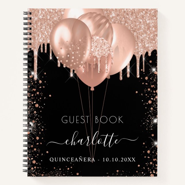 Cuaderno Globos de oro de rosa negro de Quinceanera (Anverso)