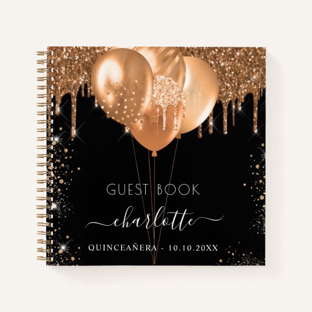 Cuaderno Globos de purpurinas de oro negro de Quinceanera (Anverso)