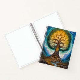 Cuaderno Glowing Gold Blue Yggdrasil Fantasy Tree Art